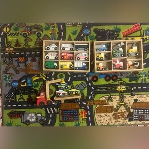 Melissa And Doug Wooden Cars, Car Loader And Town Rug Lot Kids Toys EUC